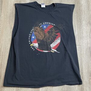 American Flag Eagle Patriotic Cutoff  Shirt Black Sleeveless Casual Size 2XL